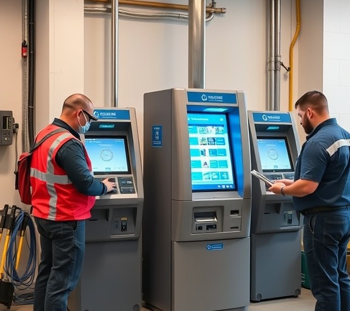 Técnico realizando el mantenimiento de un terminal de autoservicio