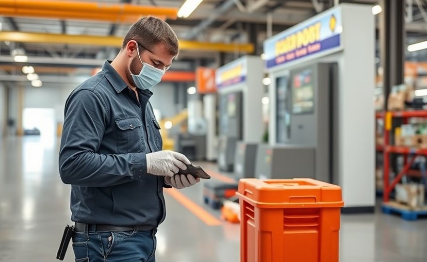 Técnico realizando el mantenimiento de un terminal de autoservicio